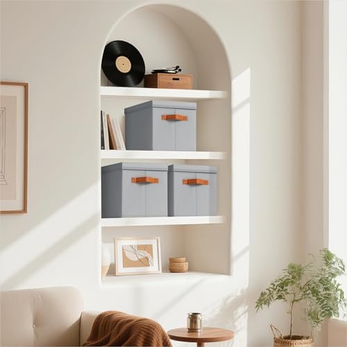 Storage Bins with Lids - Large Fabric Closet Bins with Lid, 6 Pack Clothes Organizers and Storage, Collapsible Stackable Cube Basket for Home, Office, Dorm, Grey