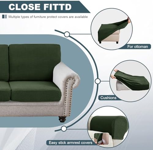 Seat Cushion Cover and Back Covers for Corner Sofa Stretch Jacquard, Non Slip L Shaped Sofa Slipcover with Storage Ottoman, Sectional Couch Cover for Chaise Lounge (Army green,Ottoman 29 x 29 x 18”)