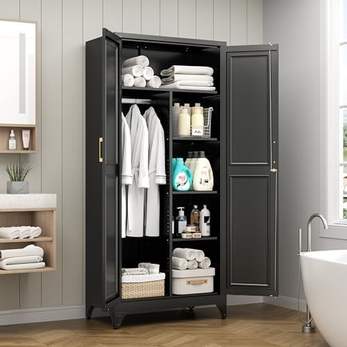 Metal Wardrobe Closet with Lock Doors and 3 Adjustable Shelves