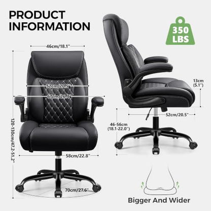 Office Chair, Ergonomic Executive Desk Chair with Lumbar Support for Lower Back Pain Relief, Padded Flip-Up Armrests, Leather Home Office Chair, Black