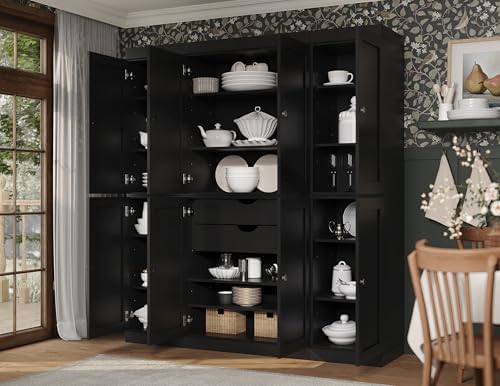 Palace Imports Solid Wood Pantry Storage - 71.5" Tall x 65" W - Utility Cabinet w/ 8 Shaker Doors, 2 Drawers, 12 Adjustable Shelves - Kitchen Cupboard - Black, 100% Eco-Friendly Wood, Made in Brazil