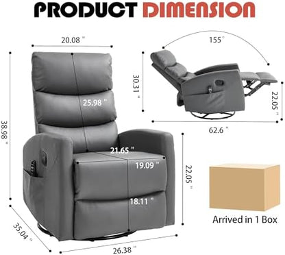 Luxlen Manual Swivel Rocker Recliner Chair with Massage, Overstuffed Recliner Glider with Vibration Massage and Heat for Nursery, Living Room Reclining Sofa Chair, PU Leather Gray