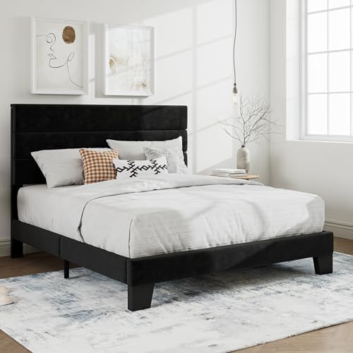 SHA CERLIN Full Platform Bed Frame with Upholstered Velvet Headboard, Black