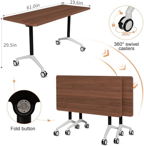 Folding Conference Table, Conference Room Tables with Wheels Foldable Large Rectangle Meeting Seminar Table for 6-12 People, Flip Top Mobile Training Table for Office Classr (8, Walnut 2, 61in)