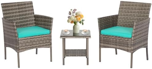 FDW 3-Piece Patio Furniture Set | Gray & Blue | Outdoor Wicker Furniture