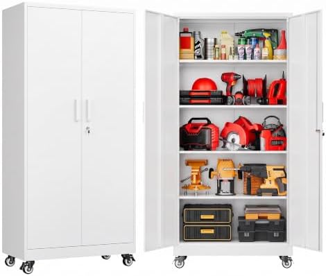 SISESOL 75" Tall White Metal Storage Cabinet with Wheels and Shelves