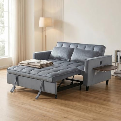 4 in 1 Convertible Sofa Bed, Pull Out Couch with Adjustable Backrest, Loveseat Sleeper Sofa Bed with USB Ports and Side Table, Couch Beds for Living Room, Bedroom, Apartment, Gray