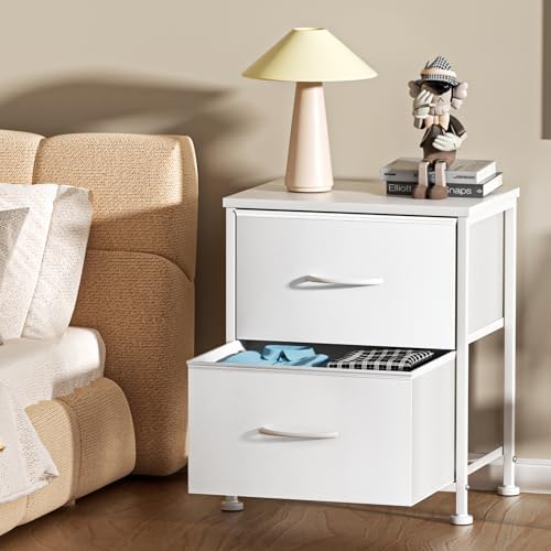 Hexago Nightstand Small Dresser with 2 Fabric Drawers Side Table, Nightstand Storage Chest, Bedroom End Table Kids Bedside Storage Furniture for Closet, Entryway, Dorm, White, 2 Pack