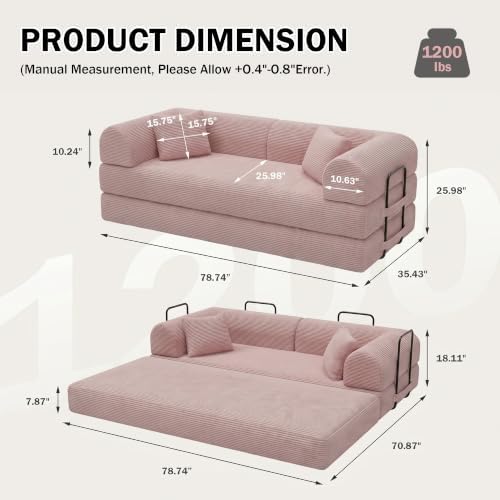 79" Convertible Futon Sofa Bed, Boneless Couch, Pink