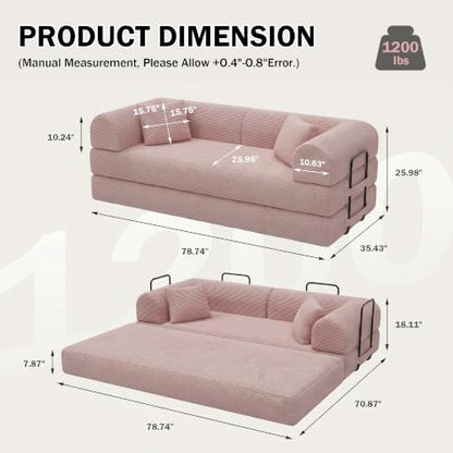 79" Convertible Futon Sofa Bed, Boneless Couch, Pink