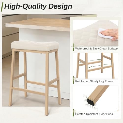 Counter Height Bar Stools Set of 3, Saddle Seat, Ivory White