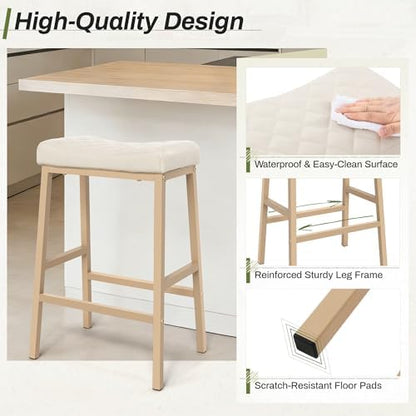 Counter Height Bar Stools Set of 3, Saddle Seat, Ivory White