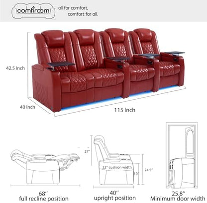 comfiroom Top-Grain Leather Home Theater Seating, Dual-Motor Power Recliner