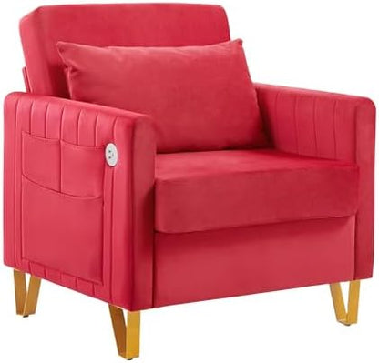 Accent Chair for Living Room Modern Velvet Accent Chair with USB Port and Storage Comfy Reading Chair Armchair with Throw Pillow for Apartment Office (Rose Red)