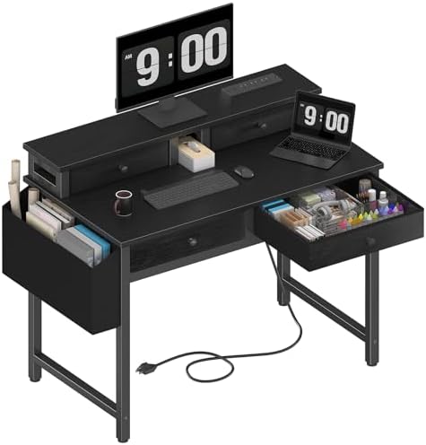Lufeiya Small Desk with Drawers for Home Office Bedroom, 31 inch Black Writing Study Desks with Fabric Drawers Storage, Gaming Desk Table with Power Outlet & Monitor Stand, Black
