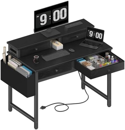 Lufeiya Small Desk with Drawers for Home Office Bedroom, 31 inch Black Writing Study Desks with Fabric Drawers Storage, Gaming Desk Table with Power Outlet & Monitor Stand, Black