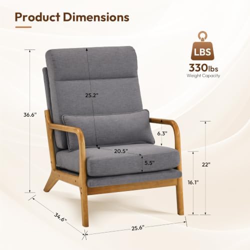 Bonnlo High Back Linen Dark Grey Mid Century Modern Accent Chair, Soild Wood Padding Lounge Armchairs Side Sitting Chairs for Living Room, Bedroom, Guest Room