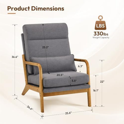 Bonnlo High Back Linen Dark Grey Mid Century Modern Accent Chair, Soild Wood Padding Lounge Armchairs Side Sitting Chairs for Living Room, Bedroom, Guest Room