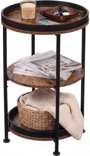 Dulcii Side Table, Round End Table with 3 Storage Shelves for Living Room, Bedroom, Nightstand with Steel Frame for Small Spaces, Industrial Round Sofa Table, Outdoor Accent Coffee Table, Rustic Brown