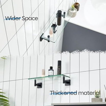 KOKOSIRI Bathroom Shelves Glass Floating Shelf 16-Inch for Bedroom, Living Room, Kitchen, Small Hanging Rack Rustproof Wall Mounted Black B1105BK-L16
