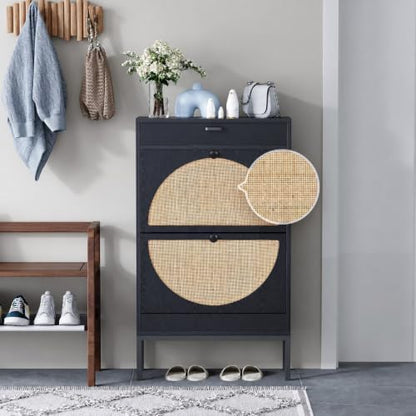 Yechen Shoe Rack Storage Organizer with 2 Natural Semi-Circular Rattan Doors, Entryway Wooden Shoe Cabinet for Sneakers, Leather Shoes, Heels, Slippers (Black)