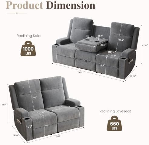 Manual Recliner Sofa Set for Living Room, Comfy Chenille Loveseat Recliner Sofa & Deep Seat Reclining Couch, RV Wall Hugger Loveseat Sofa Set for Living Room Furniture Sets(Gray)