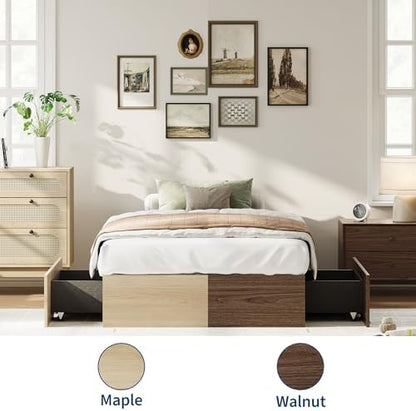 GarveeHome Wood Platform Bed Frame, Twin Bed Frame with 2 Drawers