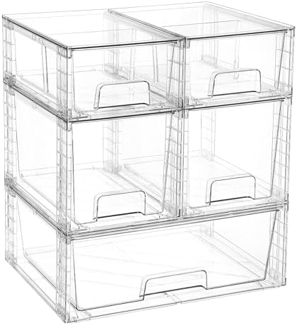 Vtopmart Clear Stackable Storage Drawers, 5 Pack Multi-Size Organizer Set