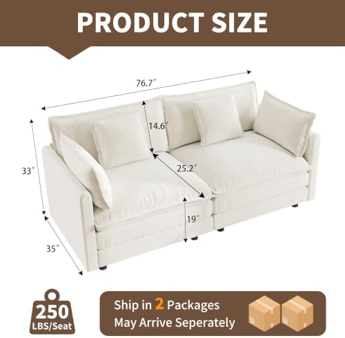 Tmsan 76.7" Loveseat Sofa Cloud Couch, Deep 2 Seater Love Seat, Beige White