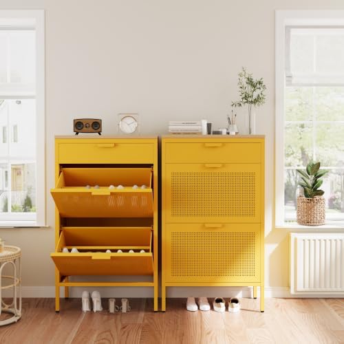 3-Tier Shoe Cabinet with Wood Top and Metal Frame, with Legs, Multi-Functional Metal and Wood Cabinet, Multi-Level Space, Easy Assembly for Home, Entryway, Hallway Yellow