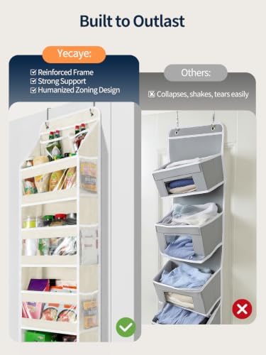 Yecaye 5 Tier Over the Door Organizer, Swing-proof Door Organizer Hanging with Clear PVC Windows, Behind the Door Storage for Bedroom Nursery Closet Laundry Pantry Bathroom, Cream White