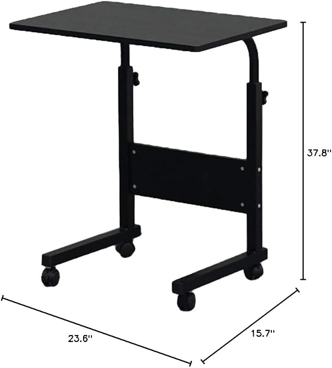 TV Tray Bed Side Table, Portable Rolling Desk Hospital Bed Laptop Table, Small Standing Desk with Wheels Adjustable Height for Sofa, Bedside, Tablet Use, Secure Non Tilt, 23.6" W, Black