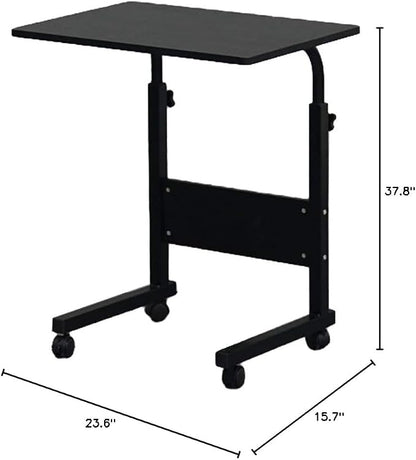 TV Tray Bed Side Table, Portable Rolling Desk Hospital Bed Laptop Table, Small Standing Desk with Wheels Adjustable Height for Sofa, Bedside, Tablet Use, Secure Non Tilt, 23.6" W, Black