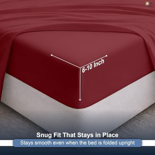 Cottington Lane Burgundy Sheets for Murphy Bed Mattress, 4 Piece Premium Ultra Soft Brushed Microfiber California King Size Wall Bed Sheet Set, 6-10 Inch Deep Pocket with All-Around Elastic