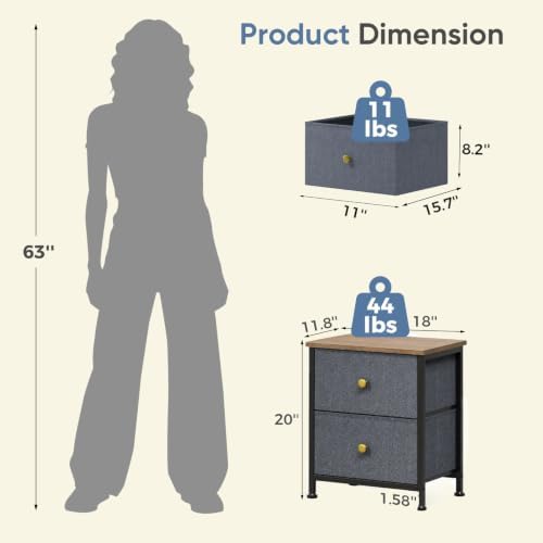 DUMOS Nightstand, Bedside Table for Bedroom, 2 Drawers Fabric Storage Chest