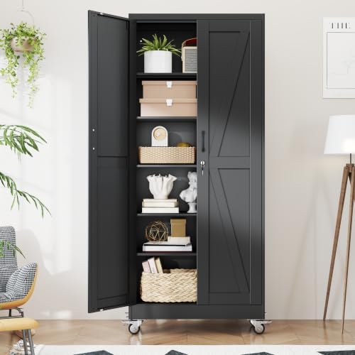 Metal Storage Cabinets with Wheels, Steel Tool Cabinets Lock Door and 5 Adjustable Shelves for Home Office, Garage, Kitchen (Black, 74.8" H)