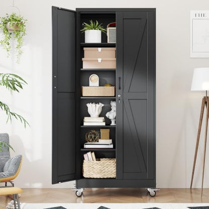 Metal Storage Cabinets with Wheels, Steel Tool Cabinets Lock Door and 5 Adjustable Shelves for Home Office, Garage, Kitchen (Black, 74.8" H)