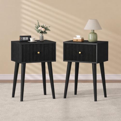 Akxomel Small Nightstand Set 2 Fluted Wooden Nightstands Wood Legs Black