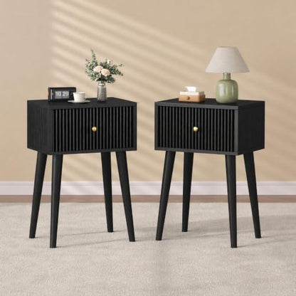 Akxomel Small Nightstand Set 2 Fluted Wooden Nightstands Wood Legs Black