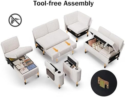 Vipbear 111" Modular Sectional Sleeper Sofa with Pull Out Bed, 7 Seat Plush Corduroy L Shaped Couch with Storage Chaise|USB Ports|Cup Holders|Side Table|Storage Armrests, Tool Free Assembly, Beige