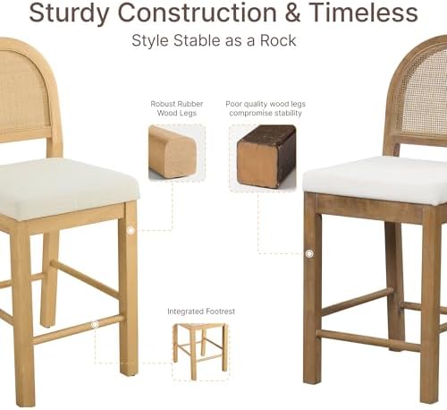 Upholstered Rattan Bar Stools, 26'' Counter Height, Set of 4, Natural