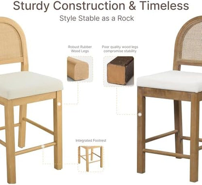 Upholstered Rattan Bar Stools, 26'' Counter Height, Set of 4, Natural