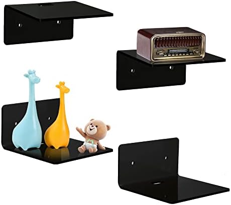 4 Pack Small Acrylic Floating Shelves, 4'' Acrylic Wall Shelves Display Ledges for Storage & Decoration, Mini Shelves for Wall with 2 Types of Installation (Adhesive or Screw)