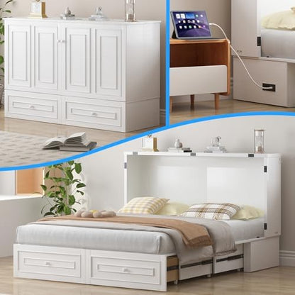 PUREMIND Queen Murphy Bed with Mattress Included, Hideaway Cabinet Bed with 2 Storage Drawers & USB Ports, Space‑Saving Bed for Guest Room, Apartment, Home Office, White