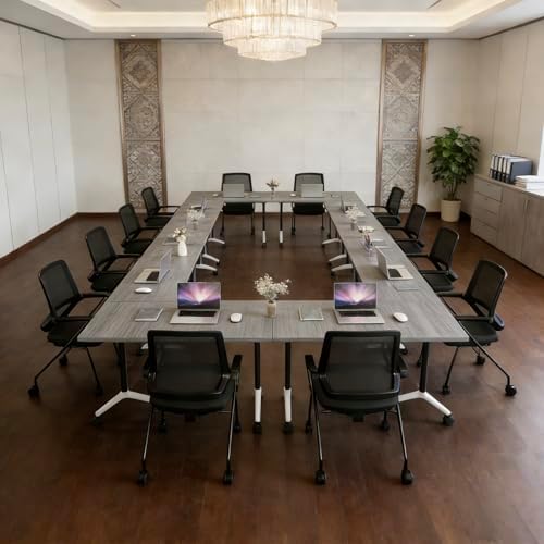 Folding Conference Table, Conference Room Tables with Wheels Foldable Large Rectangle Meeting Seminar Table for 6-12 People, Flip Top Mobile Training Table for Office Classr (8, Gray, 61in)