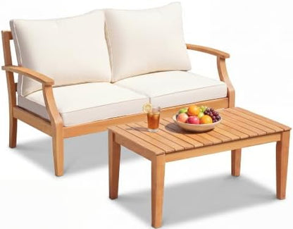 Devoko 2-Piece Outdoor Loveseat Eucalyptus Wood with Coffee Table, Beige