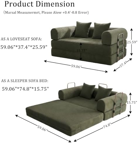 Futon Sofa Bed Modular Loveseat Sleeper Folding Pull Out Couch with Pillows, No Assembly Required Boneless Couch for Living Room Bedroom Guest Room (Green, 59.06" Loveseat Sofa)