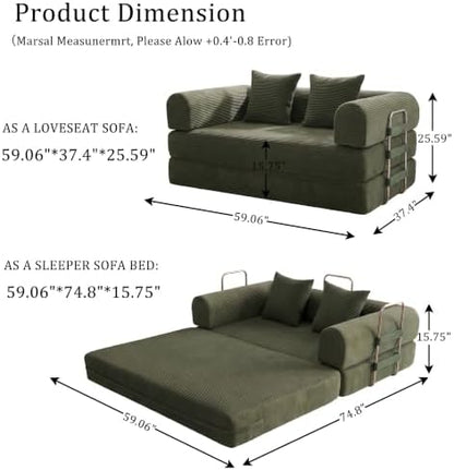 Futon Sofa Bed Modular Loveseat Sleeper Folding Pull Out Couch with Pillows, No Assembly Required Boneless Couch for Living Room Bedroom Guest Room (Green, 59.06" Loveseat Sofa)