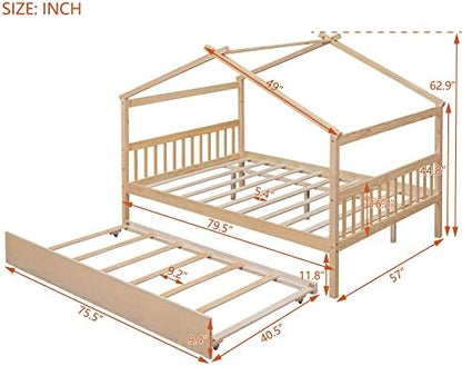 Merax Full Size Wooden House Bed with Trundle, Wood Bed Frame with Roof for Kids, Teens, Boys or Girls, Natural