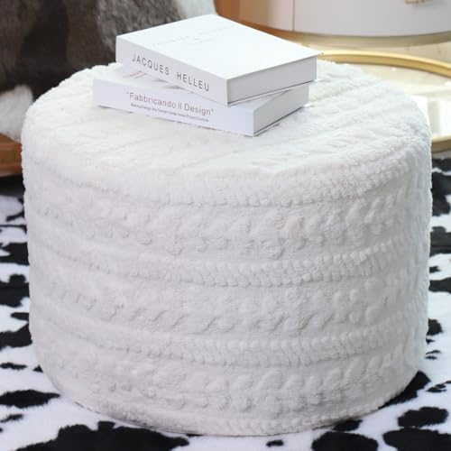 Asuprui Round Footstool Ottoman, 20x14In, Ivory,Hassock,Sofa Couch Footrest
